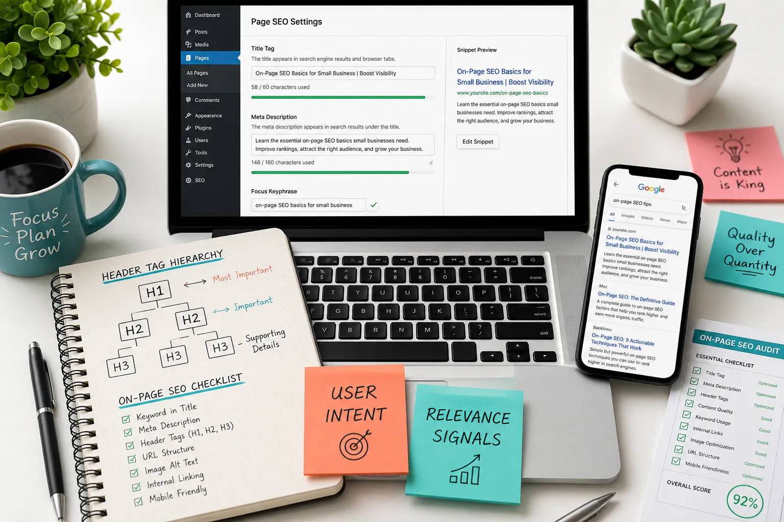 small business owner reviewing on-page SEO elements