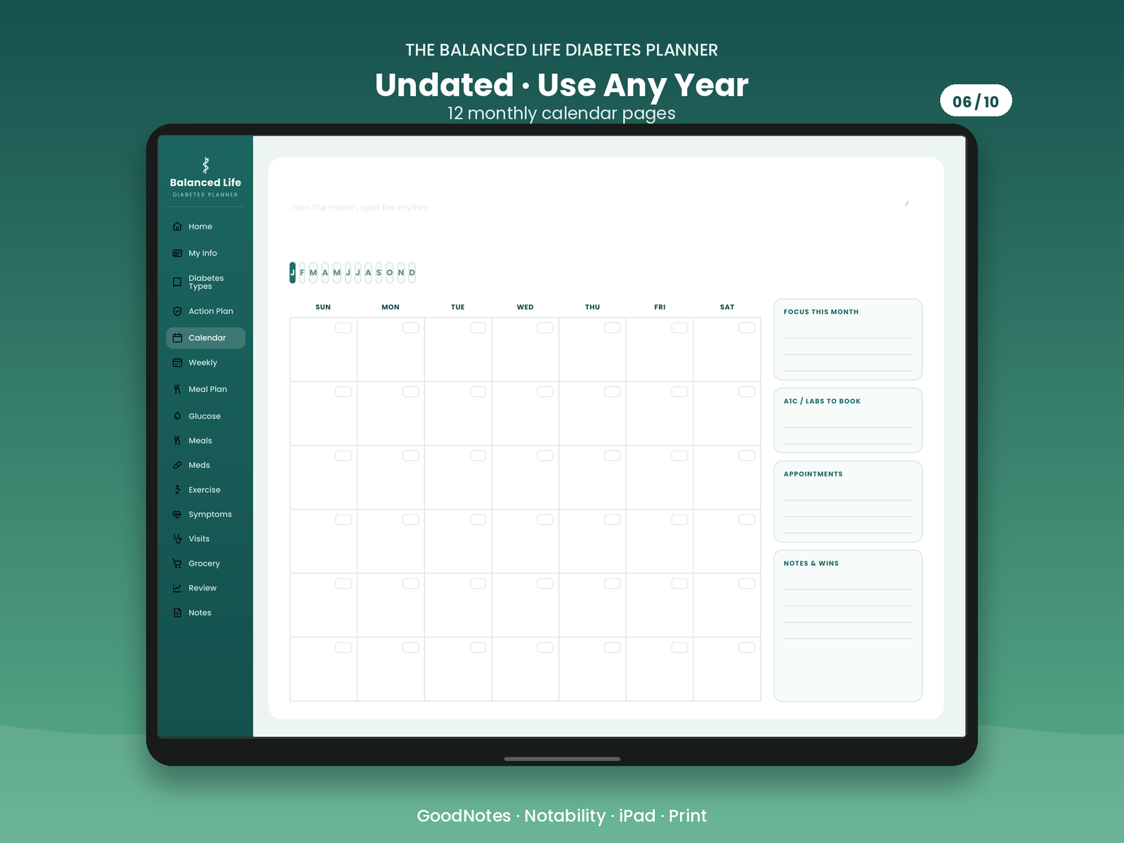 Undated monthly calendar