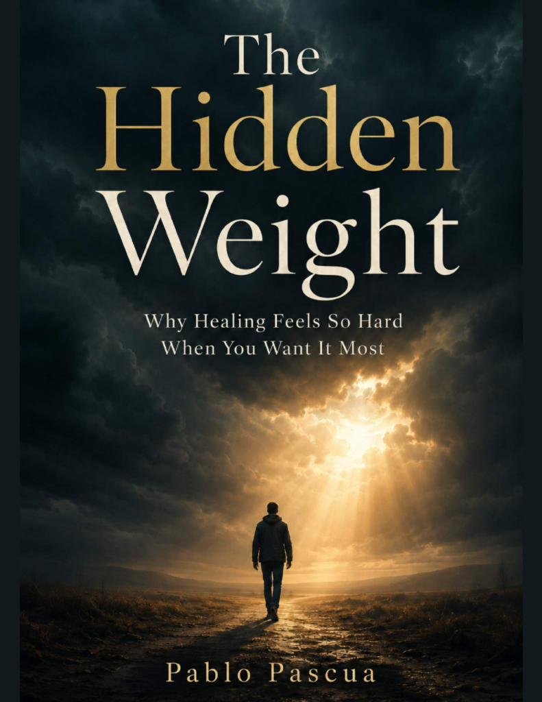 The Hidden Weight book cover - a person walking toward light through dark clouds
